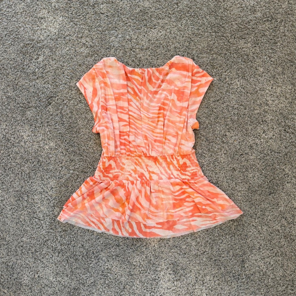 DR2 Women Orange Zebra Print Mesh Smocked Peplum Top V-Neck Size S Summer Vibe - Picture 2 of 5